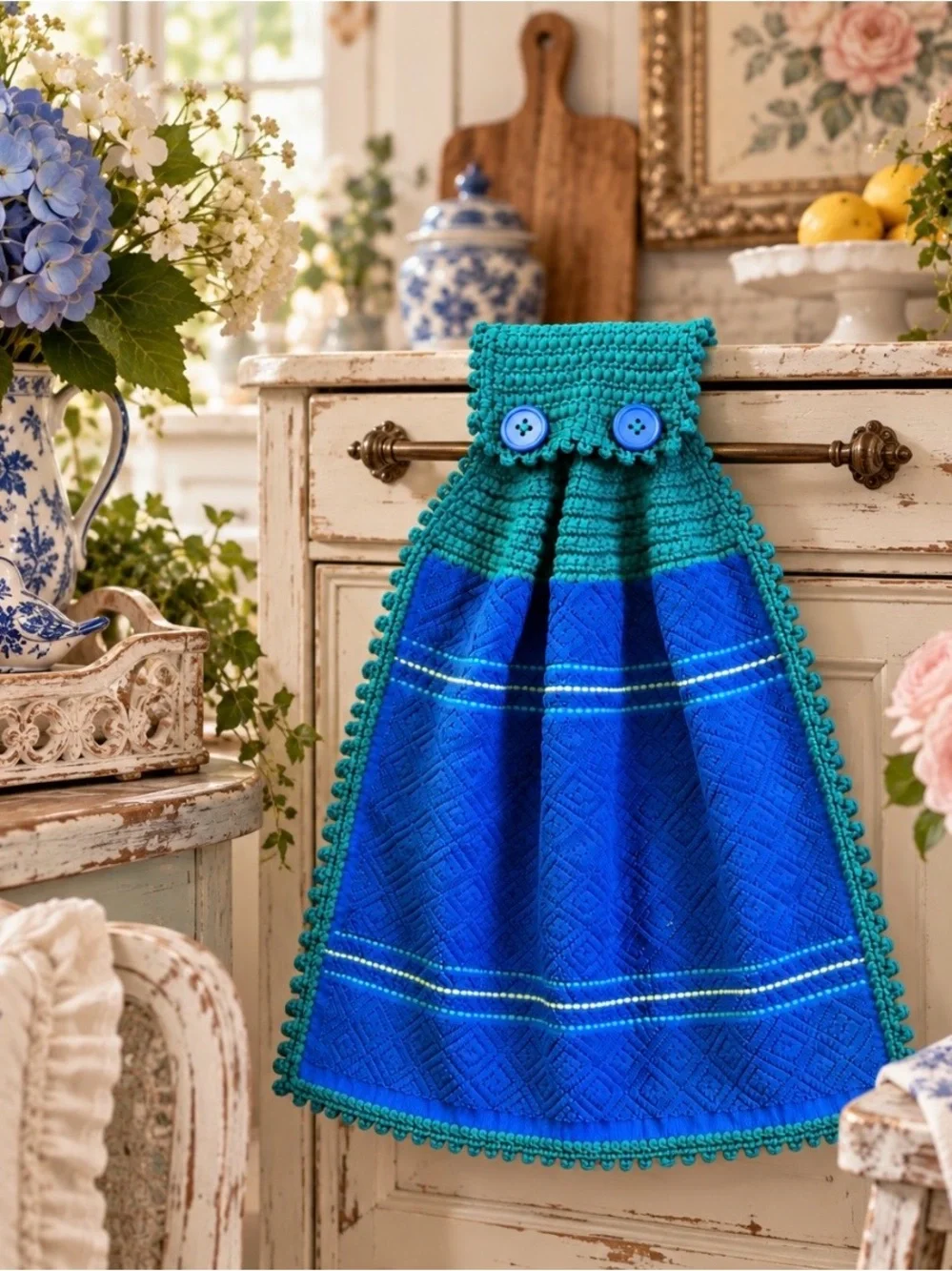 Handmade Crochet Hanging Kitchen Towel Royal Blue Teal Mainstays
